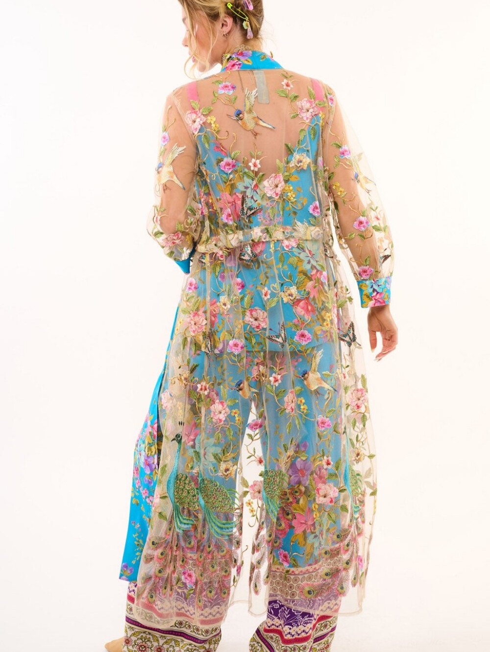 Aratta Garden Of Eden Embroidered Blue Floral Mesh Duster sz XL NWT - Picture 4 of 11